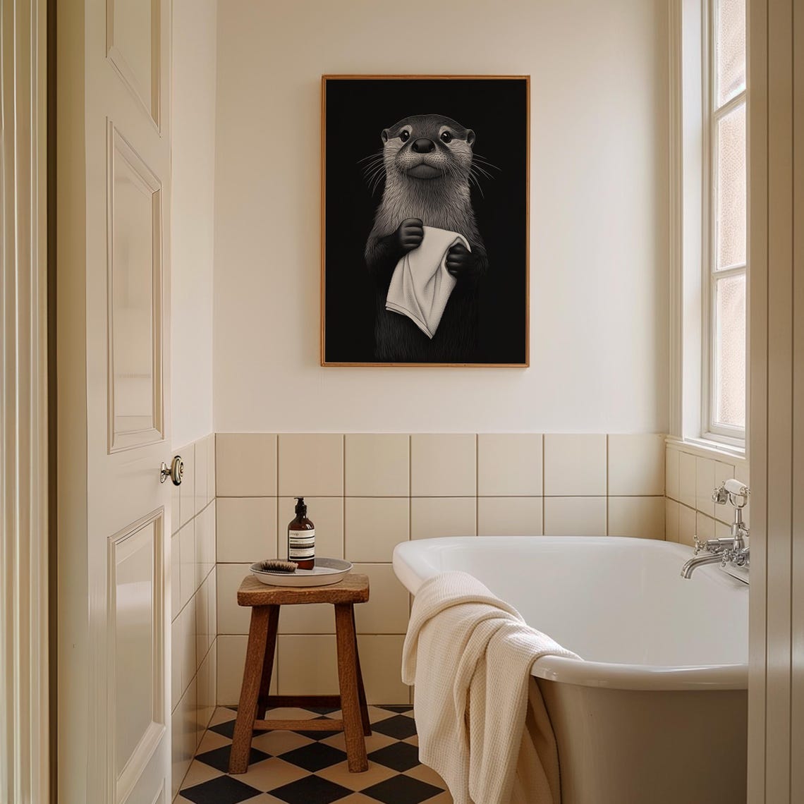 Black And White Otter Holding Towel Cute Bathroom Wall Poster - Image 3