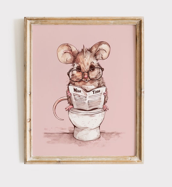 Reading Mouse Vintage Style Bathroom Art Print