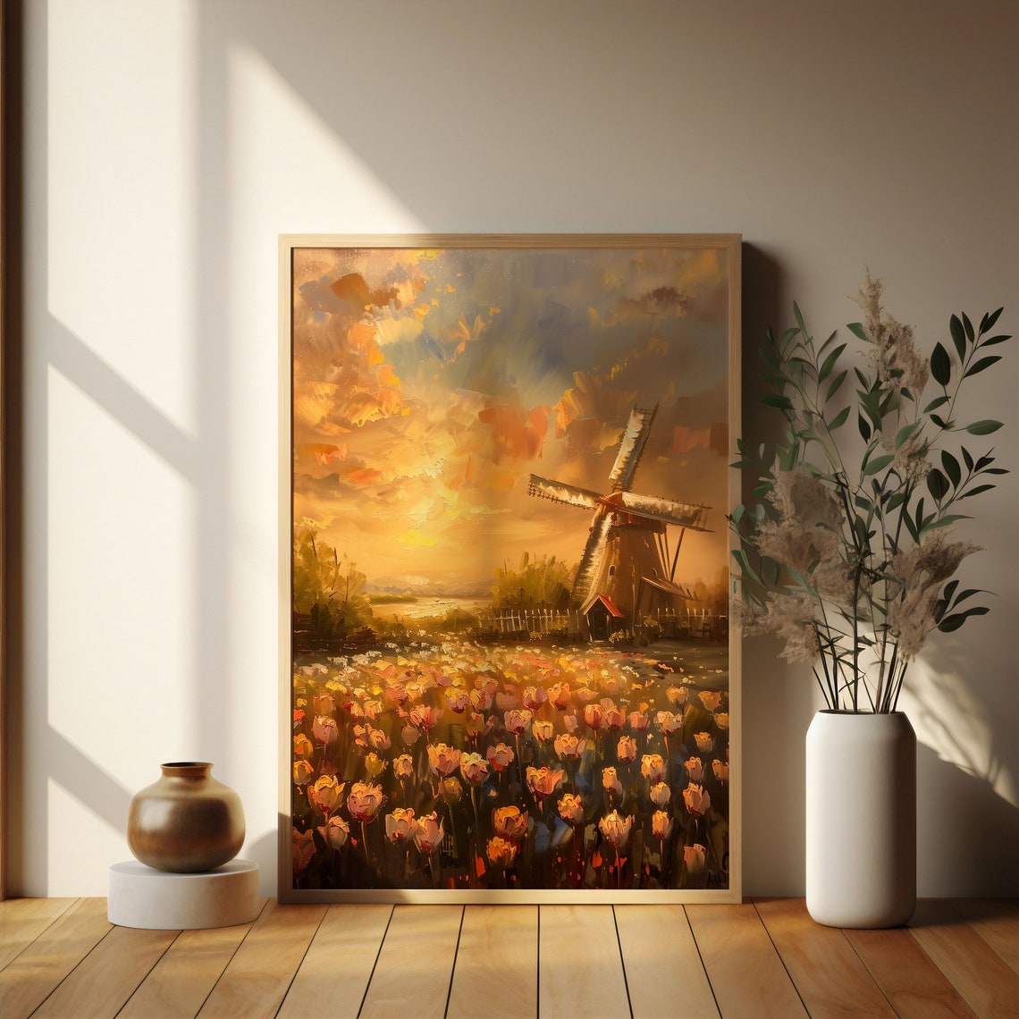 Dutch Windmill Tulip Field Sunset Impressionist Landscape Oil Poster - Image 2