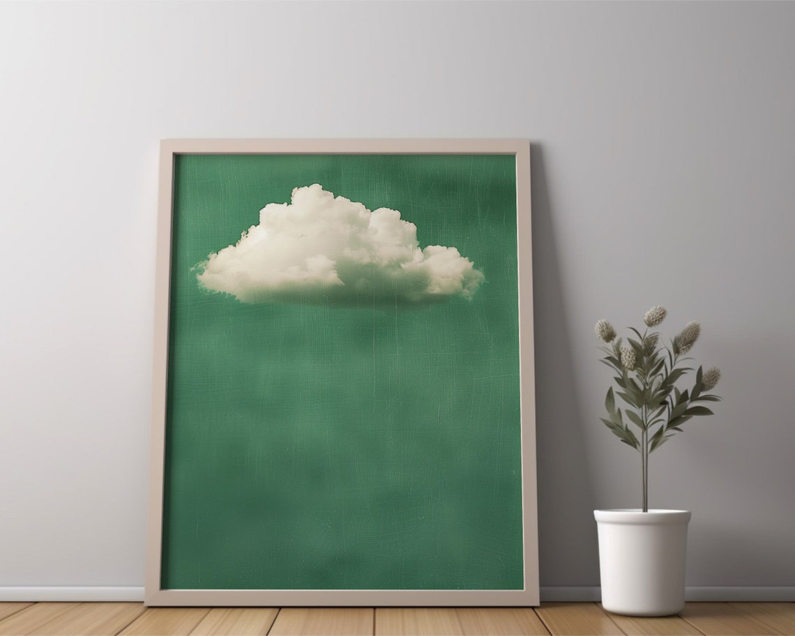 Fluffy White Cloud on Moody Green Background Vintage Minimalist Print - Image 2