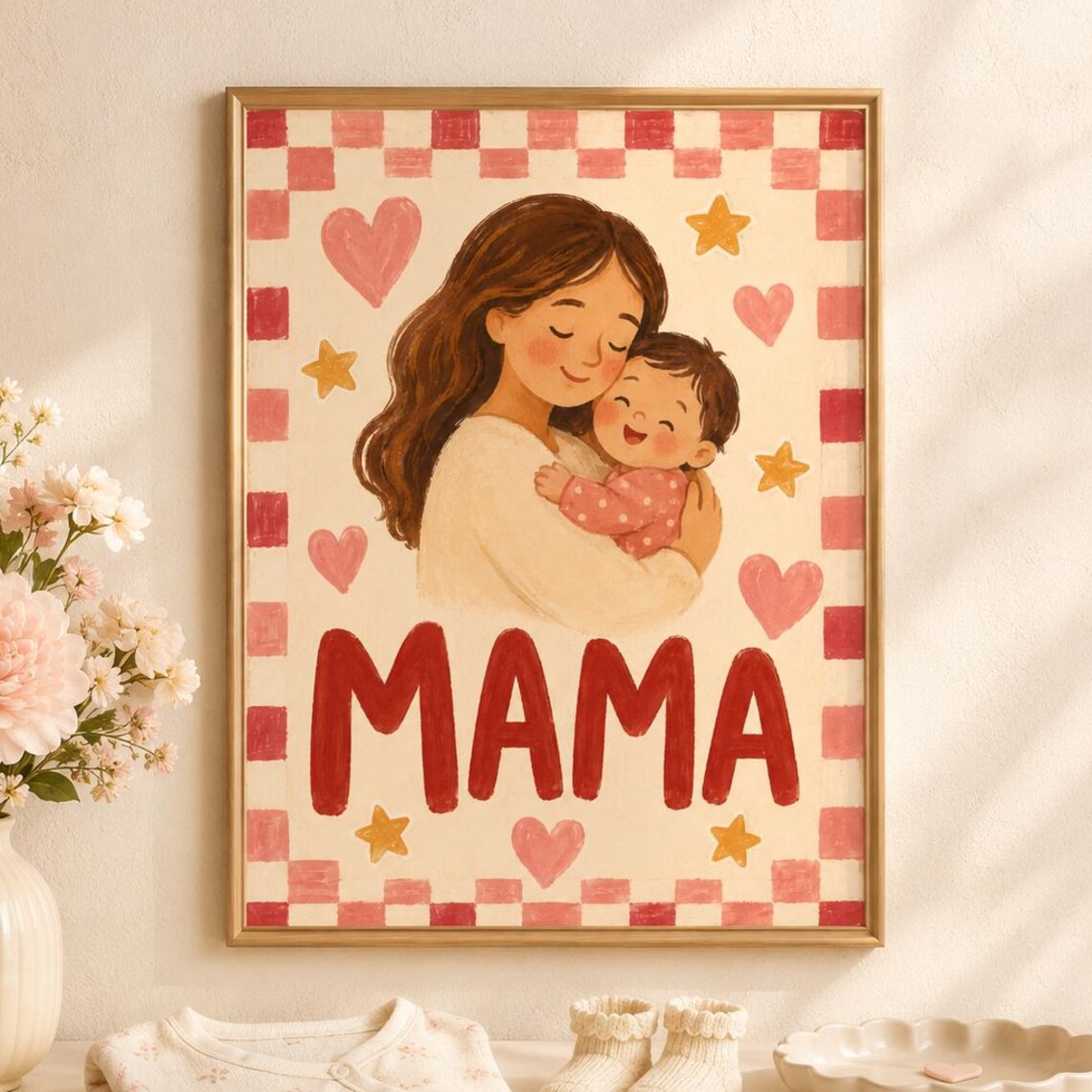 Sweet Mama Mother Baby Hug Pink Hearts Red Retro Nursery Poster