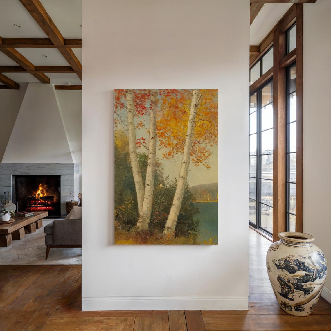 White Autumn Birch Trees Lakeside Fall Foliage Vintage Poster - Image 2
