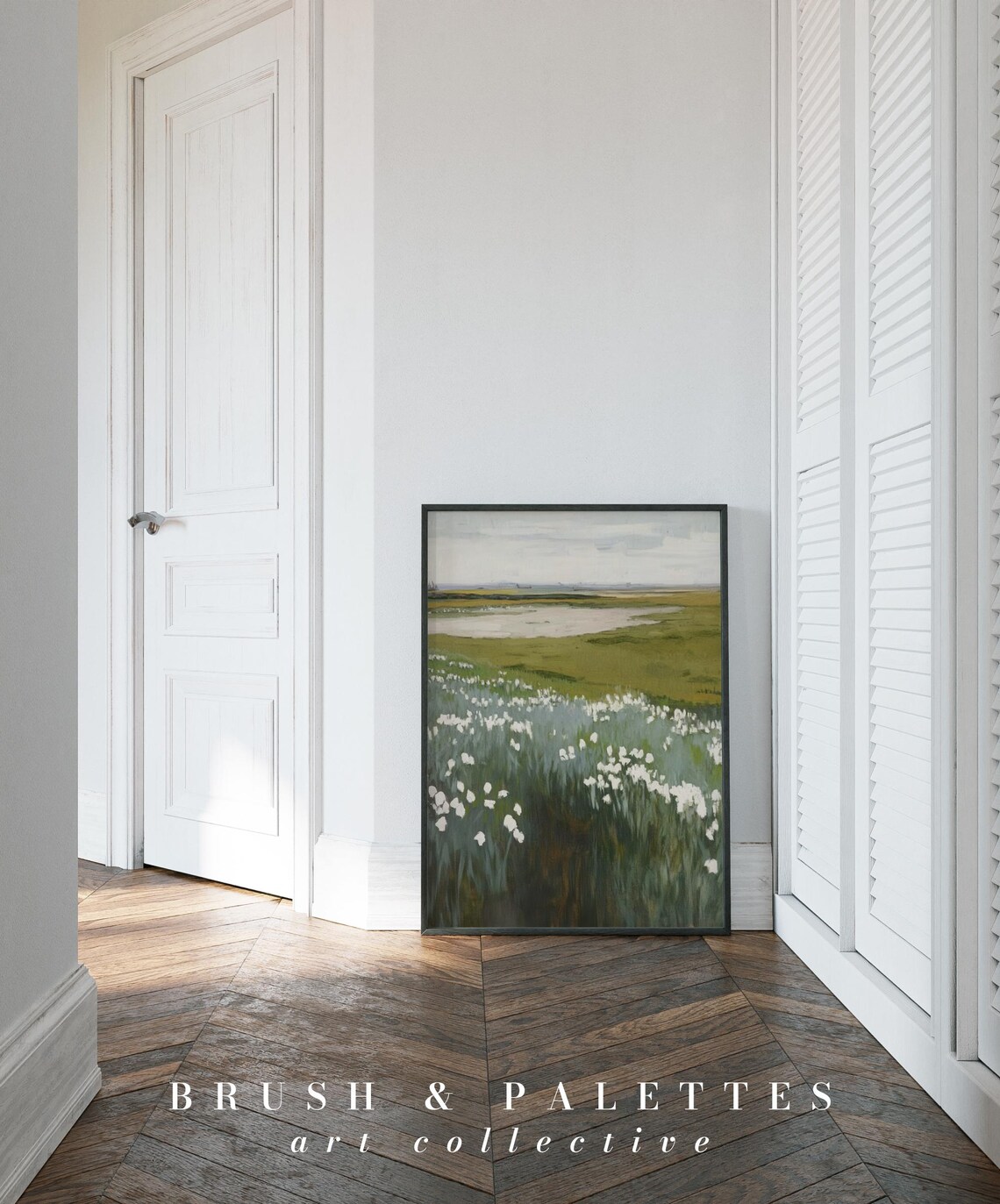 White Wildflowers Meadow Green Countryside Landscape Painting Poster - Image 2