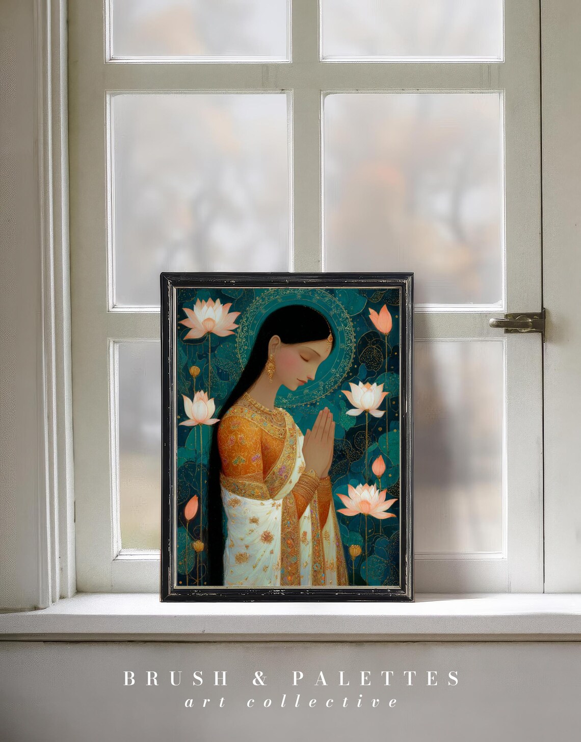 Namaste Woman In Sari Among Lotus Flowers Teal And Gold Spiritual Print - Image 2