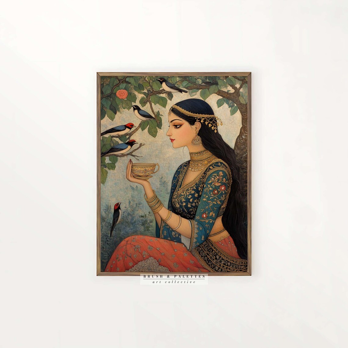 Indian Woman With Teacup and Songbirds Mughal Style Painting Poster - Image 2