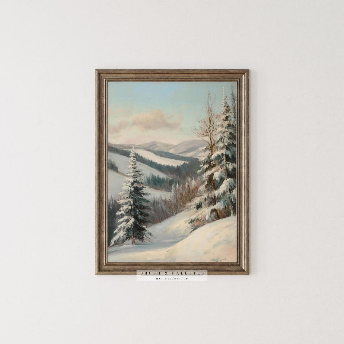 Snowy Pine Forest Mountain Winter Landscape Rustic Painting Poster - Image 2