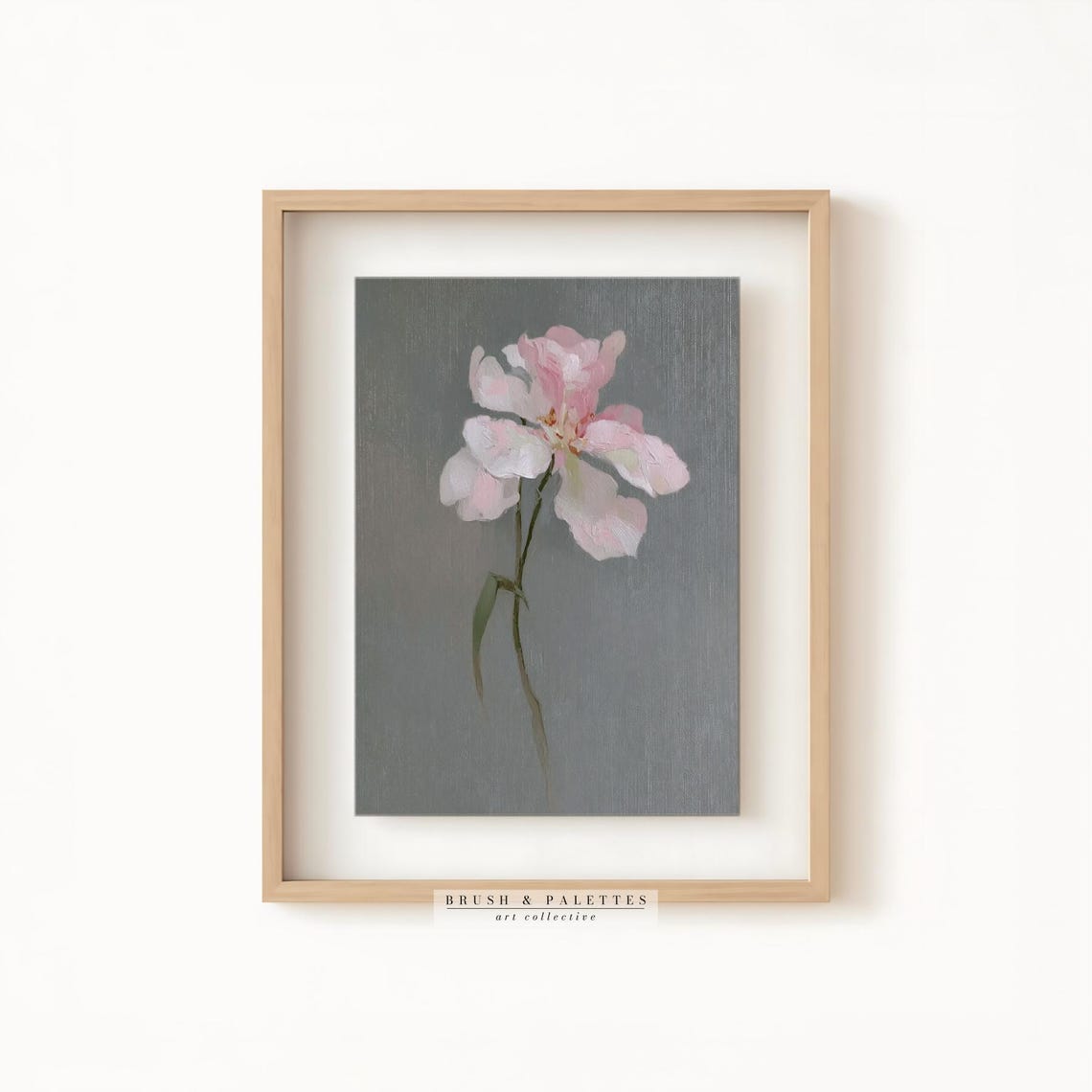 Soft Pink Blossom Floral Painting Minimalist Flower on Grey Wall Art - Image 2