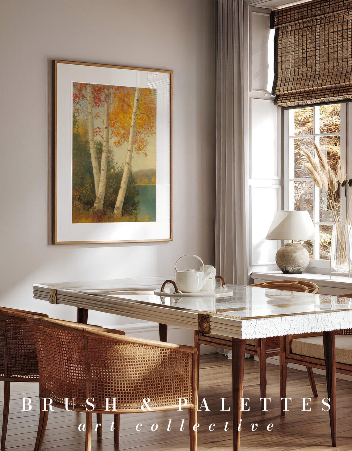 White Autumn Birch Trees Lakeside Fall Foliage Vintage Poster - Image 3