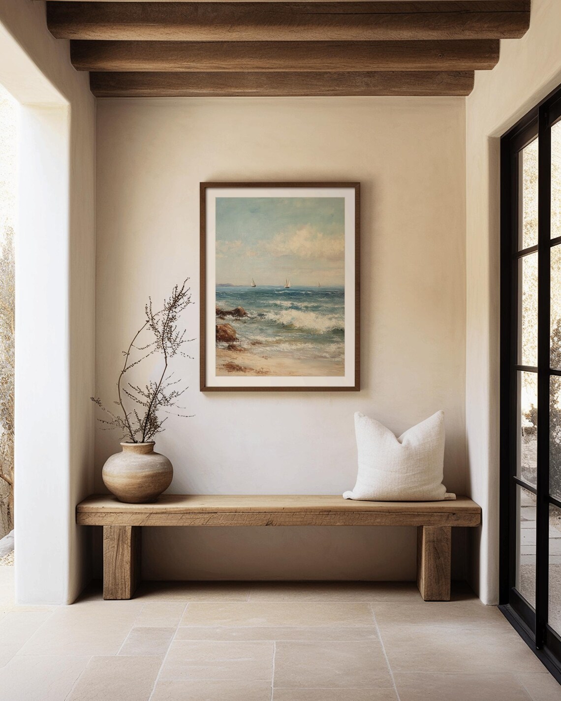 Sailboats On Blue Ocean Rocky Shore Classic Seascape Painting Print - Image 3
