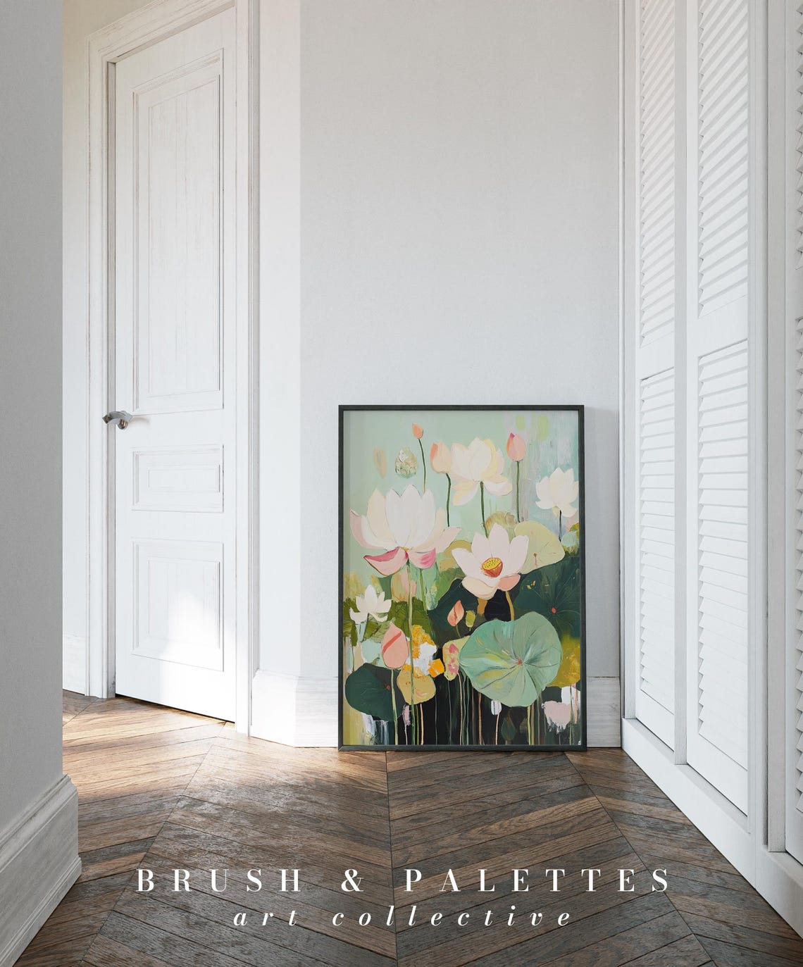 Soft White And Pink Lotus Flowers On Sage Green Abstract Floral Poster - Image 2