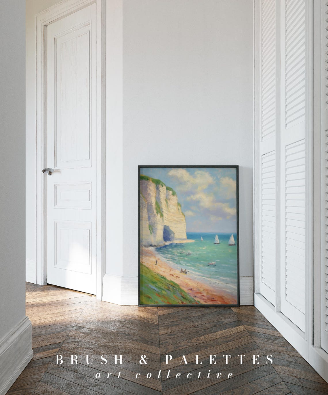 White Chalk Cliffs Sandy Beach Sailboats Turquoise Sea Print - Image 3