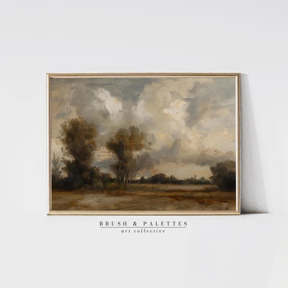 English Countryside Cloudscape Moody Oil Painting Wall Art Neutral Landscape For Rustic Lodge Or Farmhouse Home Decor