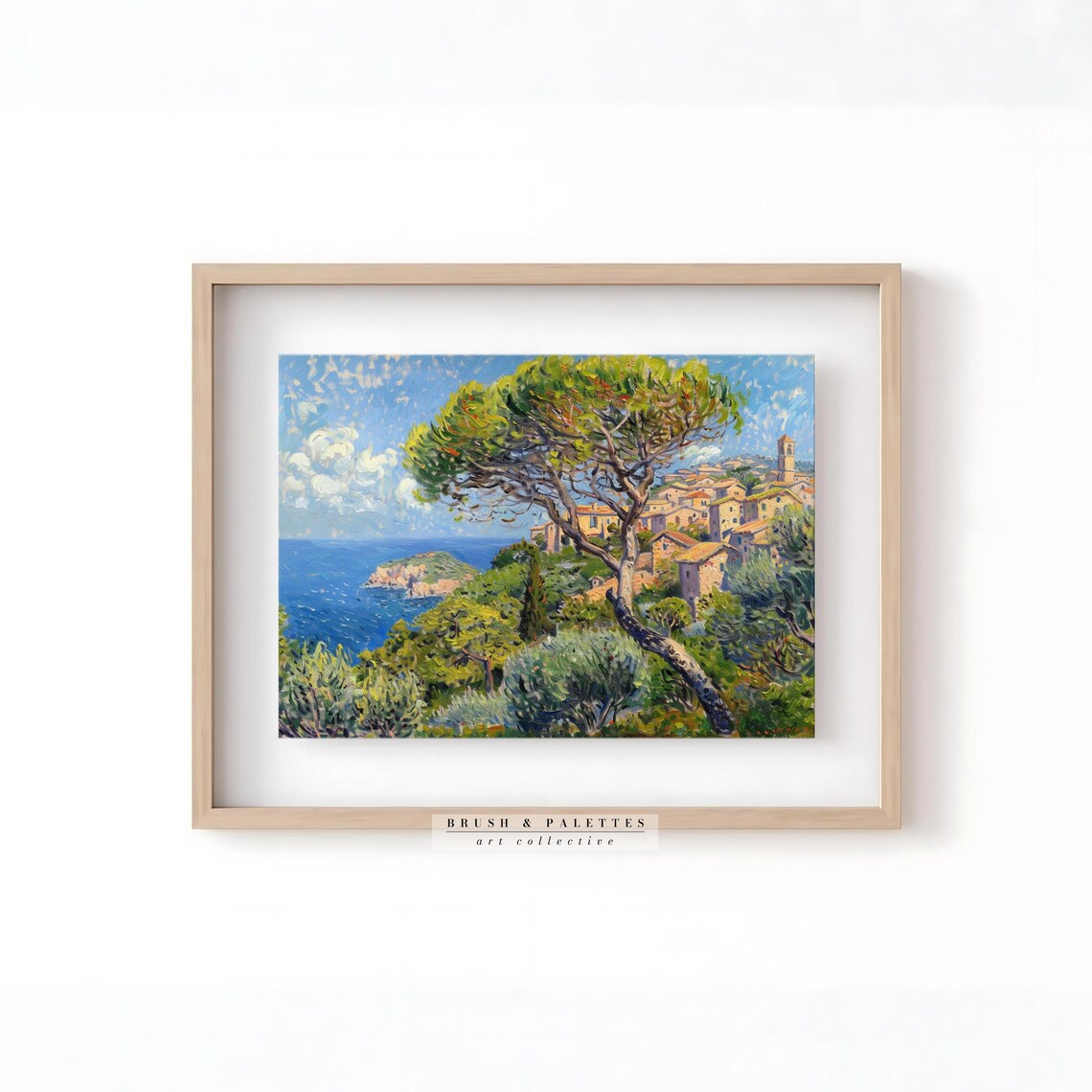 Mediterranean Village On Coastal Hill Impressionist Blue Sea Painting Poster - Image 3