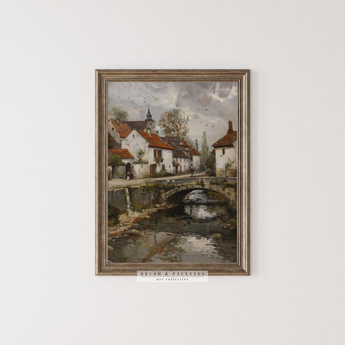 European Village River Painting Stone Bridge Old Town Art Poster - Image 2