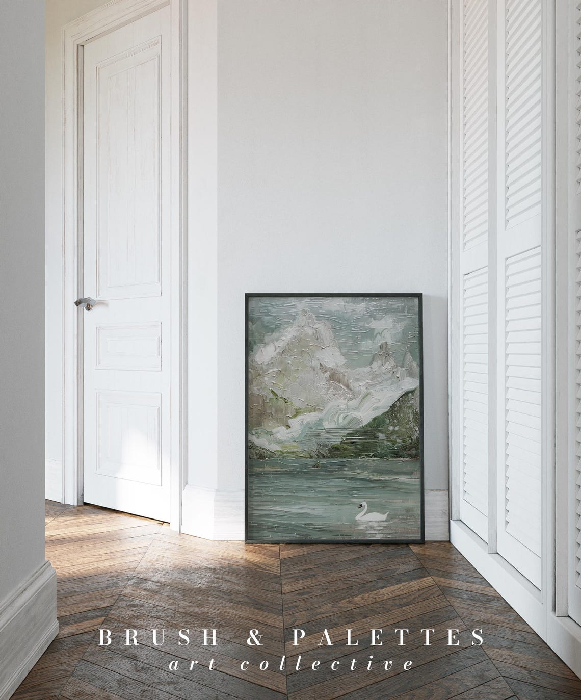 Snowy Mountain Lake With White Swan Textured Oil Painting Poster - Image 3
