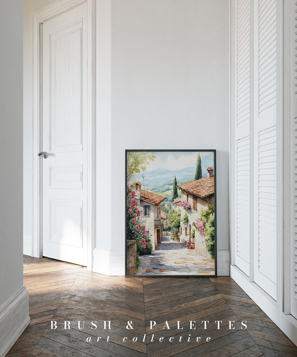 Italian Village Sunlit Street Stone Houses Roses Watercolor Print - Image 2