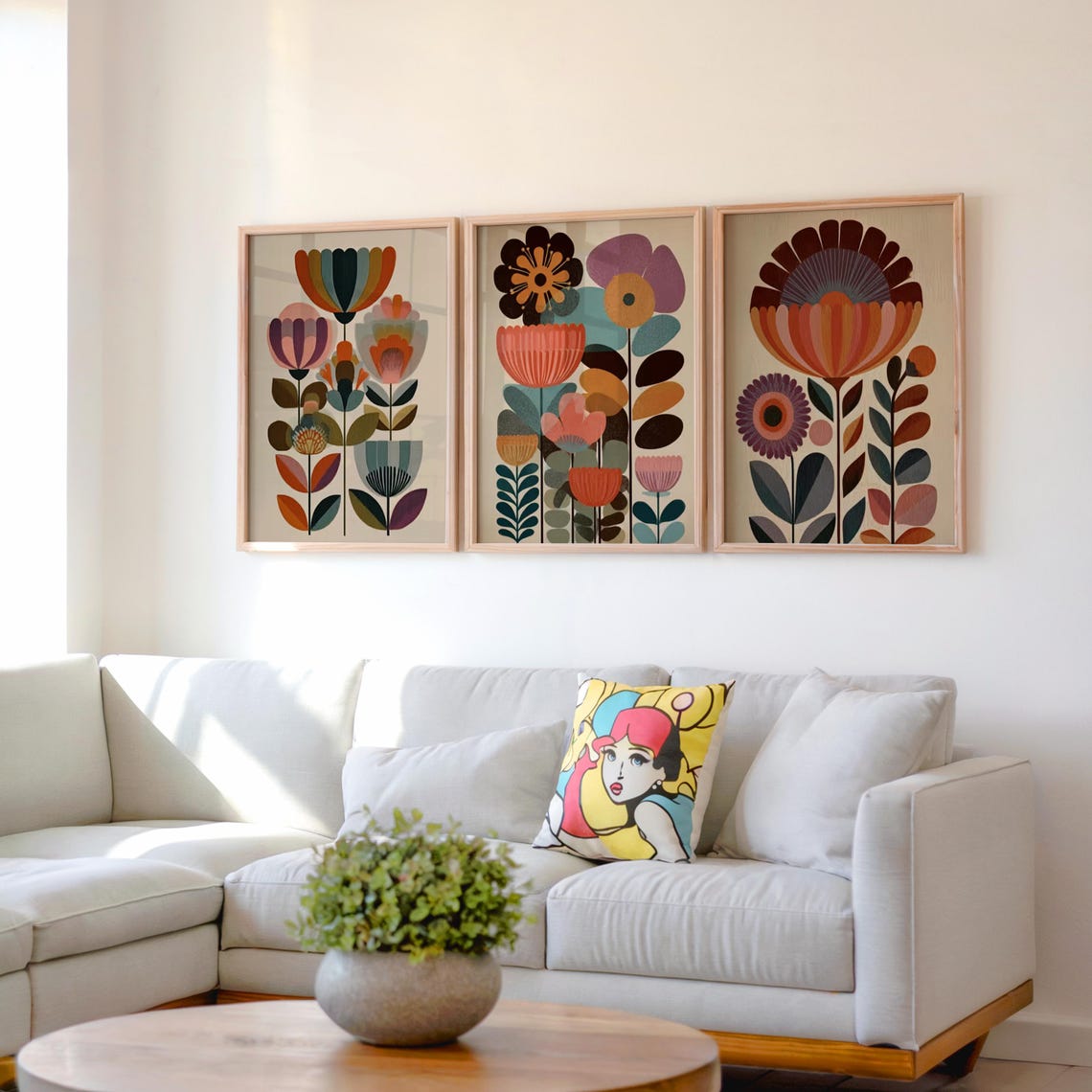 Mid Century Modern Retro Floral Trio Warm Botanical Abstract Print Set - Image 3
