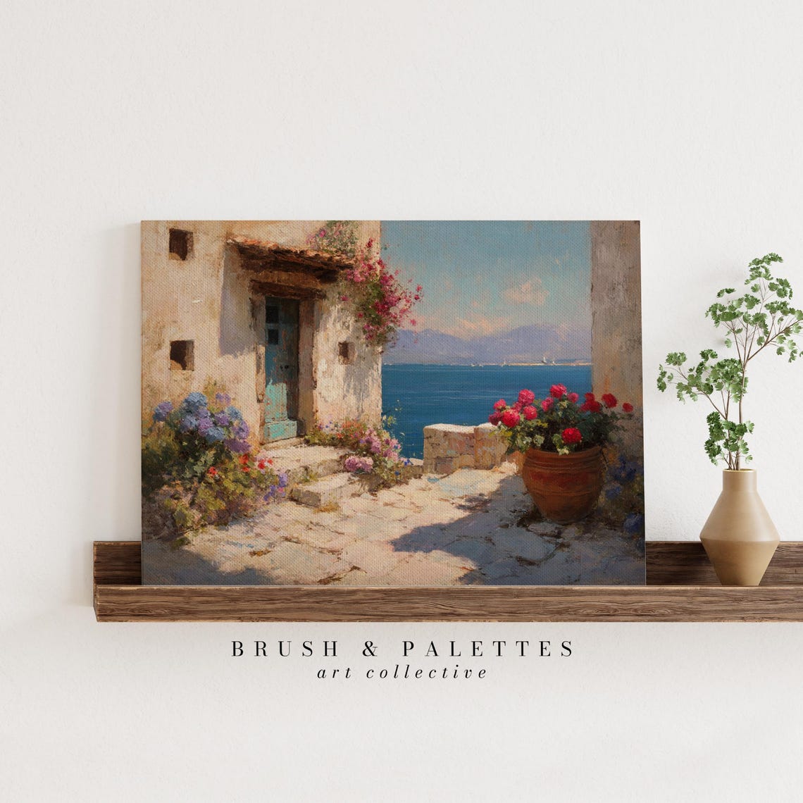 Greek Coastal Courtyard Painting, Mediterranean Travel Poster - Image 2