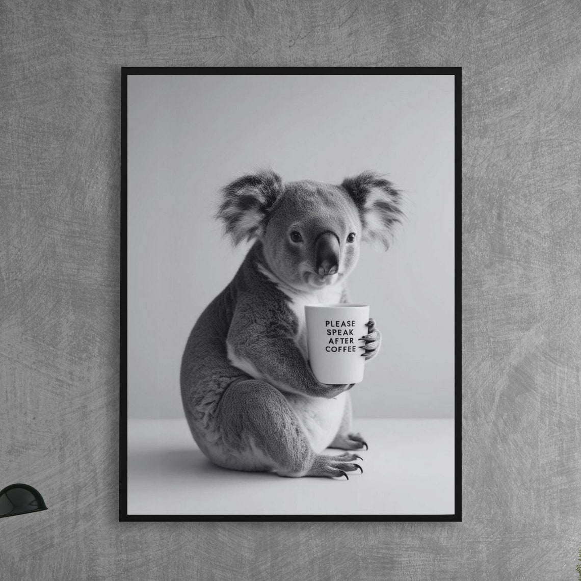 Koala Holding a Please Speak After Coffee Mug Funny Office Poster