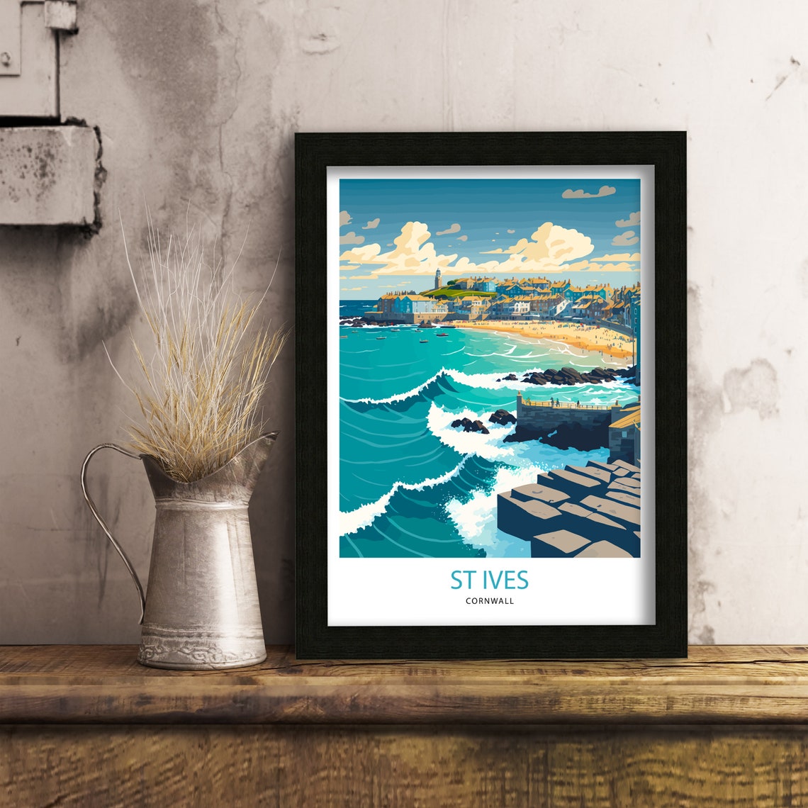 St Ives Cornwall Coastal Town Waves Illustrated Travel Poster - Image 2