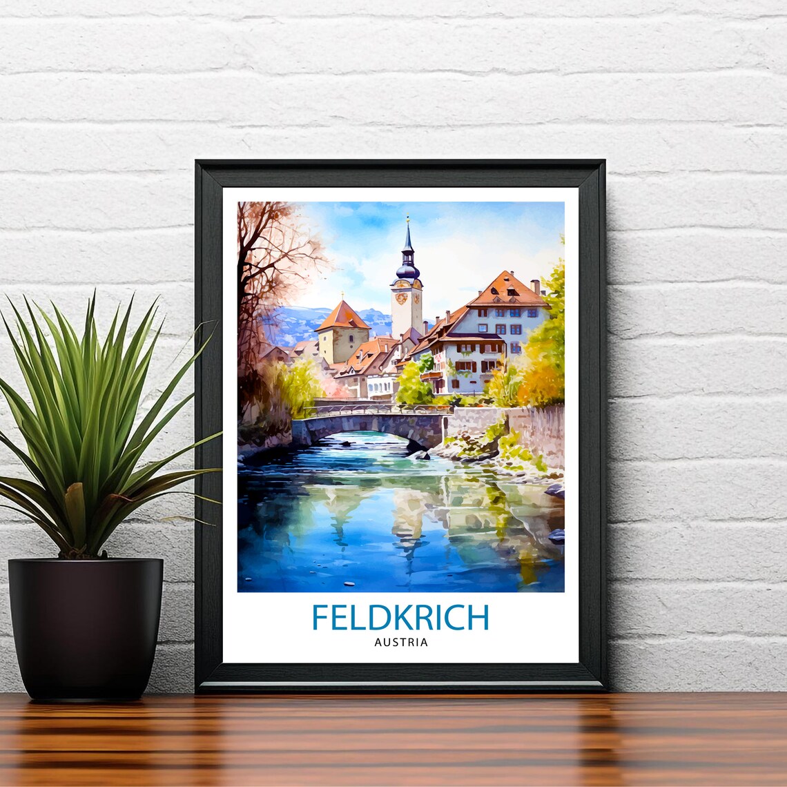 Feldkirch Austria Old Town River Bridge Church Tower Watercolor Poster - Image 2