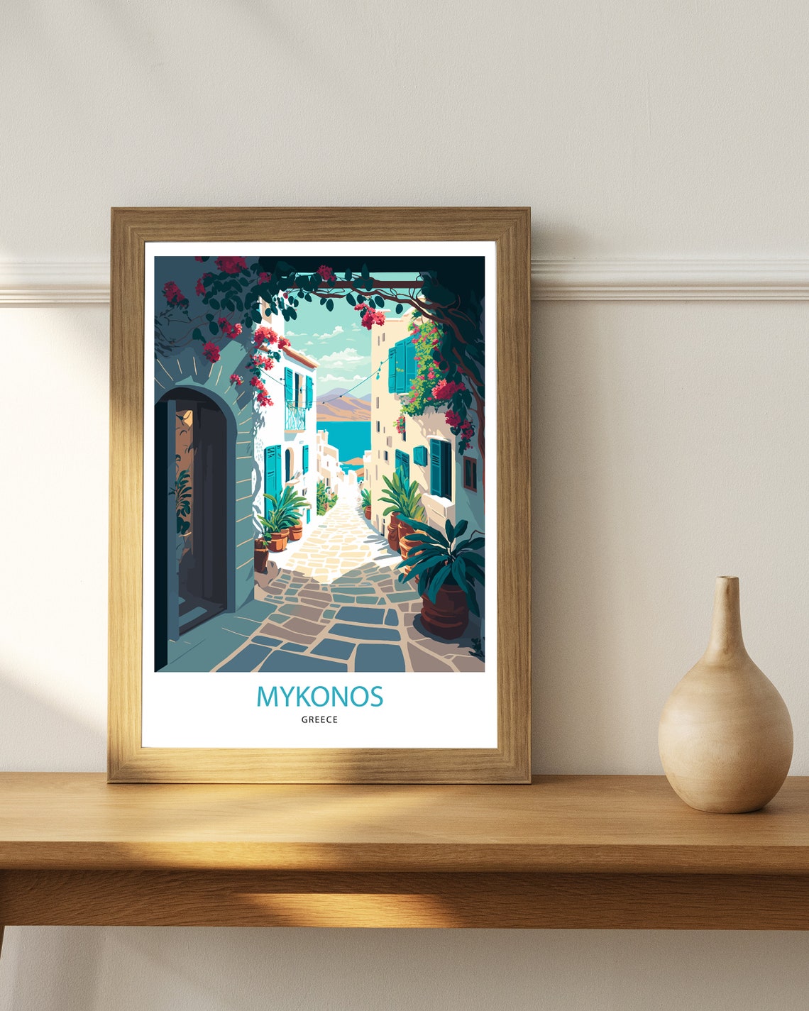 Mykonos Greece Whitewashed Alley Bougainvillea Sea View Travel Poster - Image 2