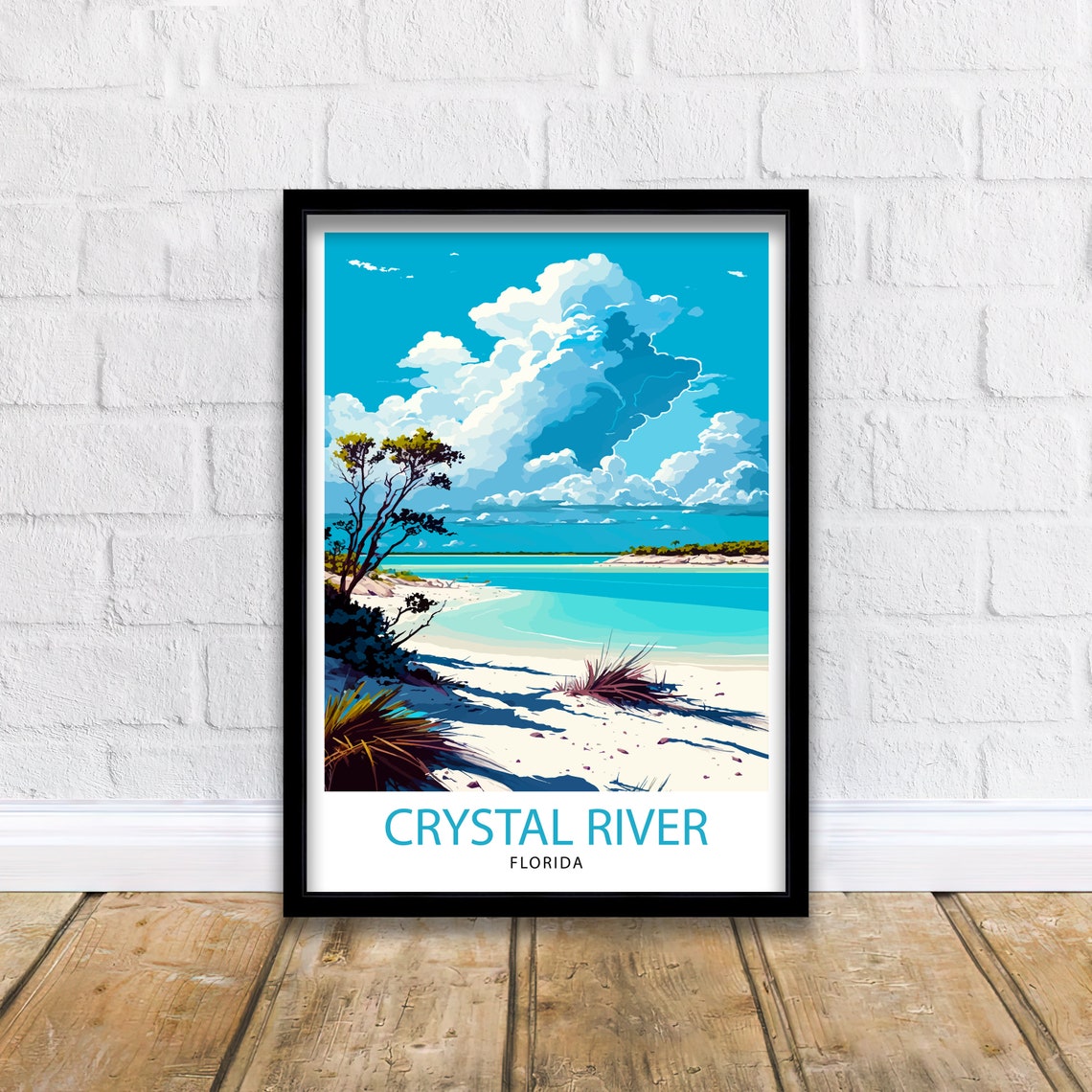 Crystal River Florida Turquoise Beach Illustrated Travel Poster