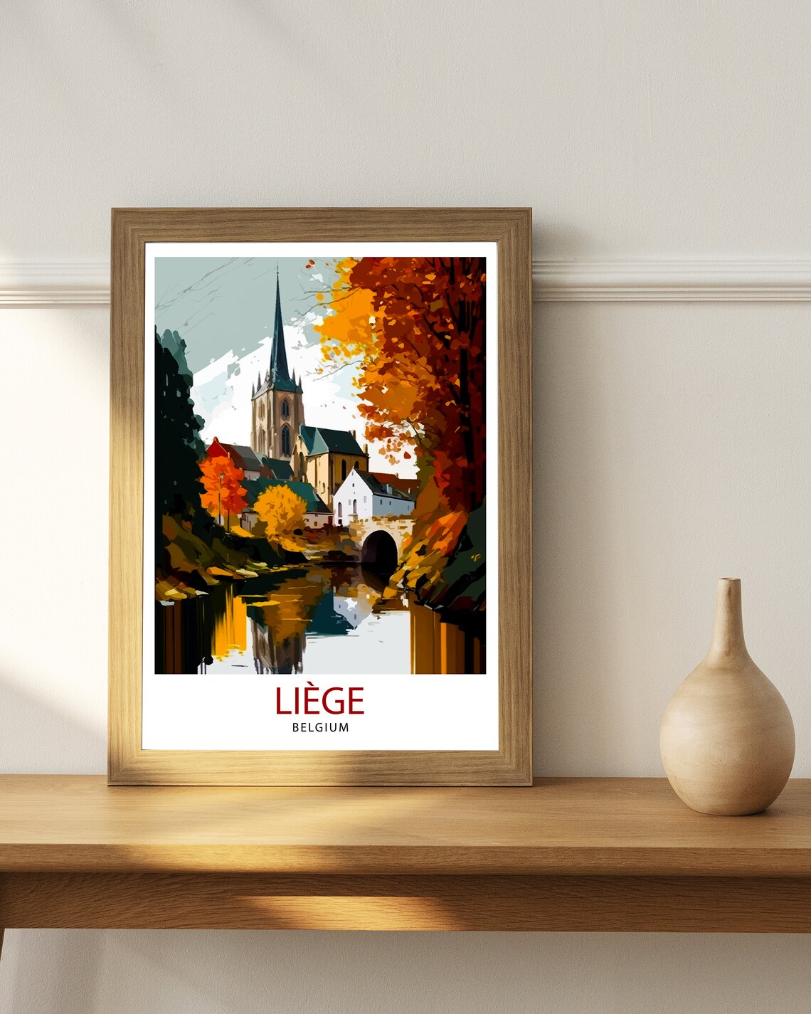 Liege Belgium Autumn Church River Vintage Travel Poster Old Town - Image 3