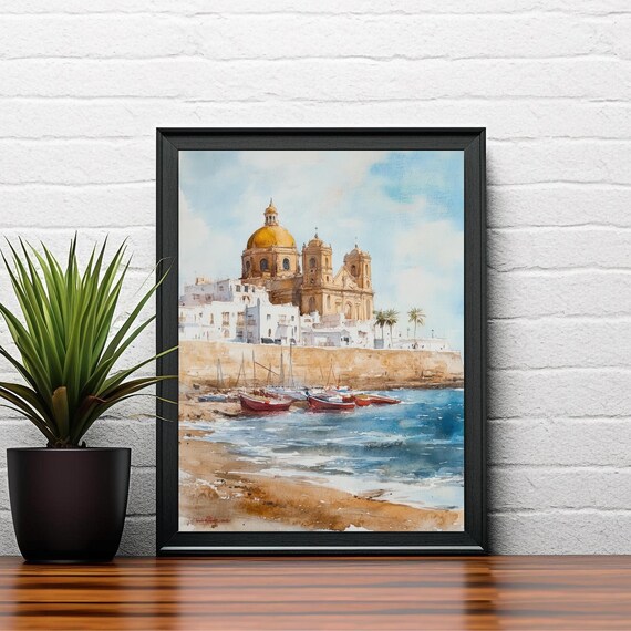Cadiz Spain Cathedral Golden Dome Harbor Fishing Boats Watercolor Poster