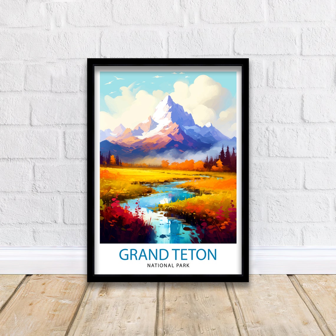 Grand Teton National Park Golden Alpine Meadow Stream Travel Poster - Image 2