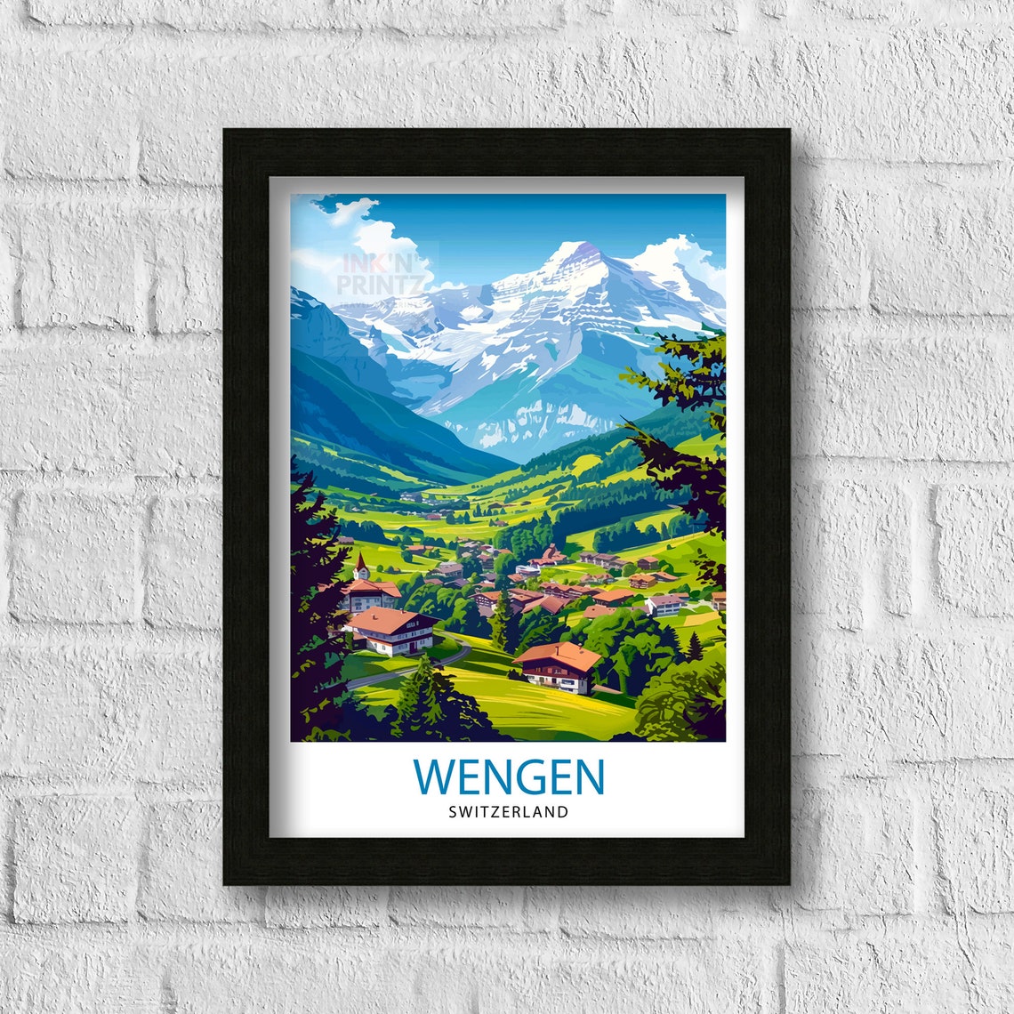 Wengen Switzerland Alpine Village Snow Capped Peaks Travel Poster - Image 3