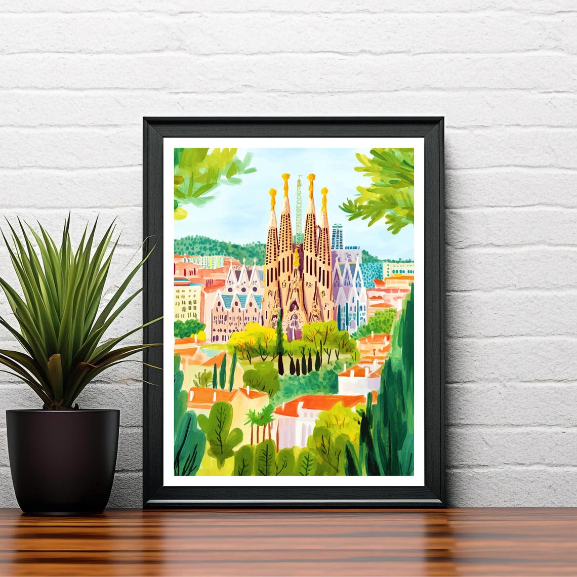 Barcelona Sagrada Familia Golden Spires Green Gardens Painting Poster - Image 2