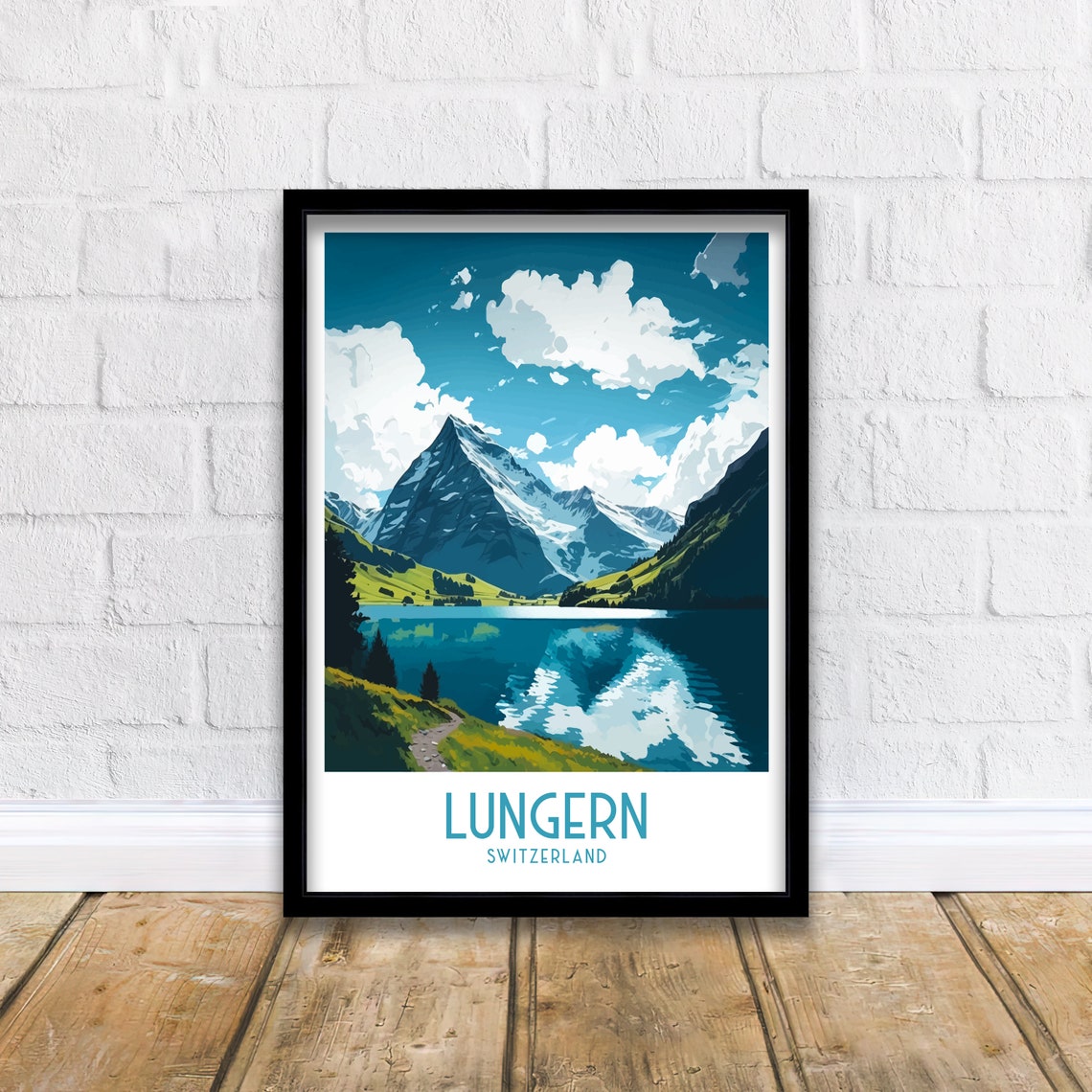 Lungern Switzerland Alpine Lake Mountain Retro Travel Poster