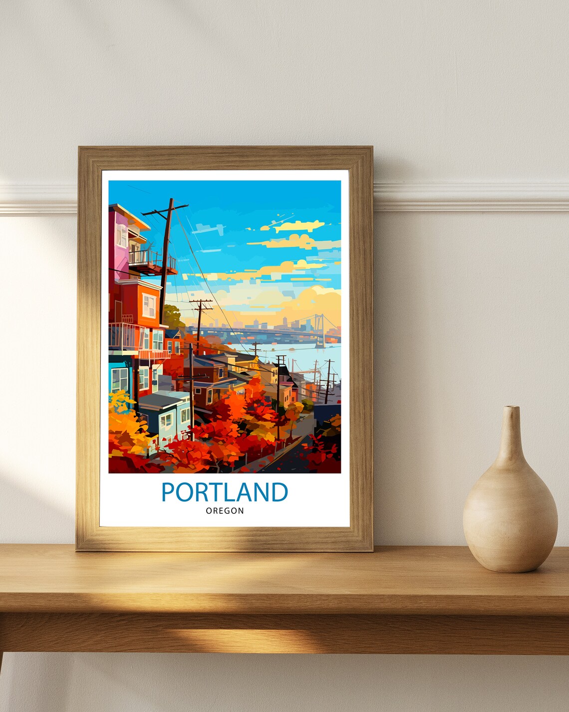 Portland Oregon Colorful Hillside Houses Bridge View City Art Poster - Image 3