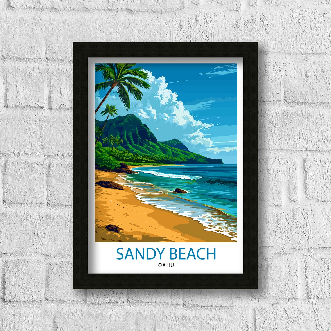 Sandy Beach Oahu Palm Cliffs Tropical Shore View Travel Poster - Image 3