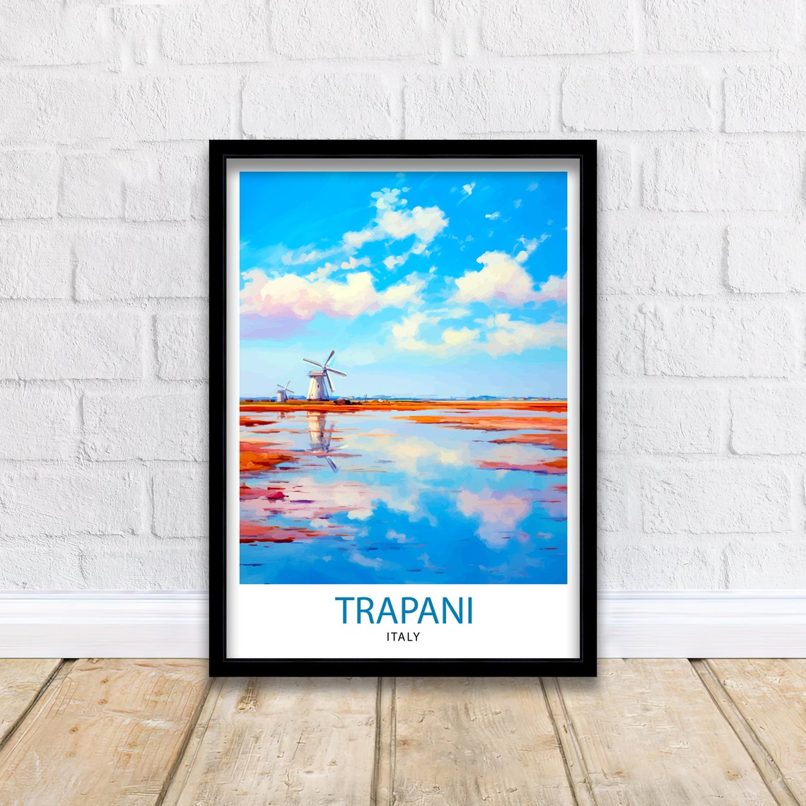 Trapani Italy Salt Pans Windmills Colorful Water Reflections Poster - Image 2