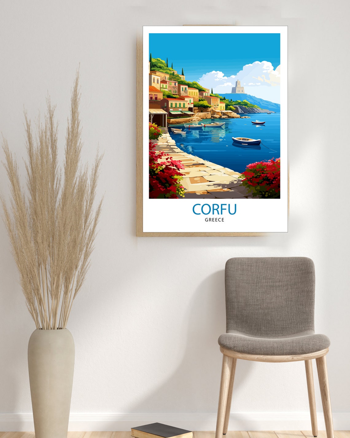 Corfu Greece Picturesque Harbor Boats Coastline Travel Poster - Image 3