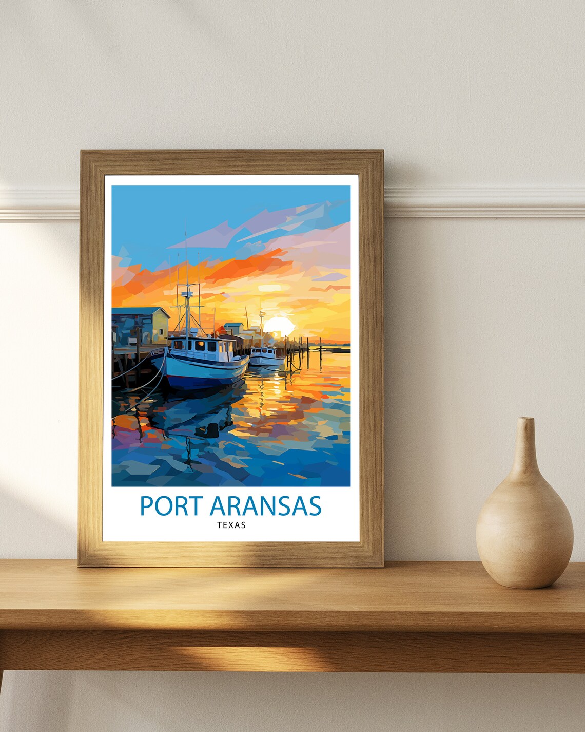 Port Aransas Texas Harbor Sunset Fishing Boats Reflective Poster - Image 3