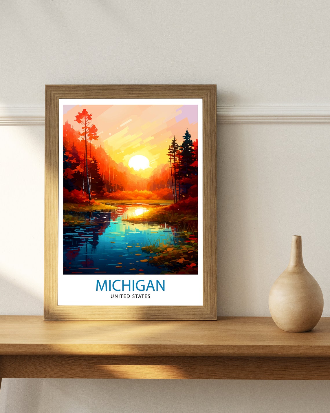 Michigan Sunset Lake Autumn Forest Reflection Landscape Poster - Image 2