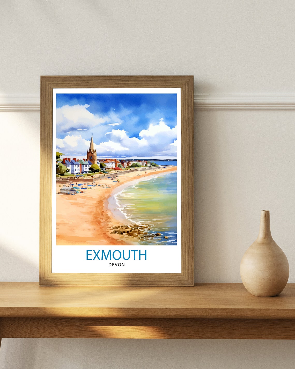Exmouth Devon Sandy Beach Church Spire Seaside Watercolor Poster - Image 3