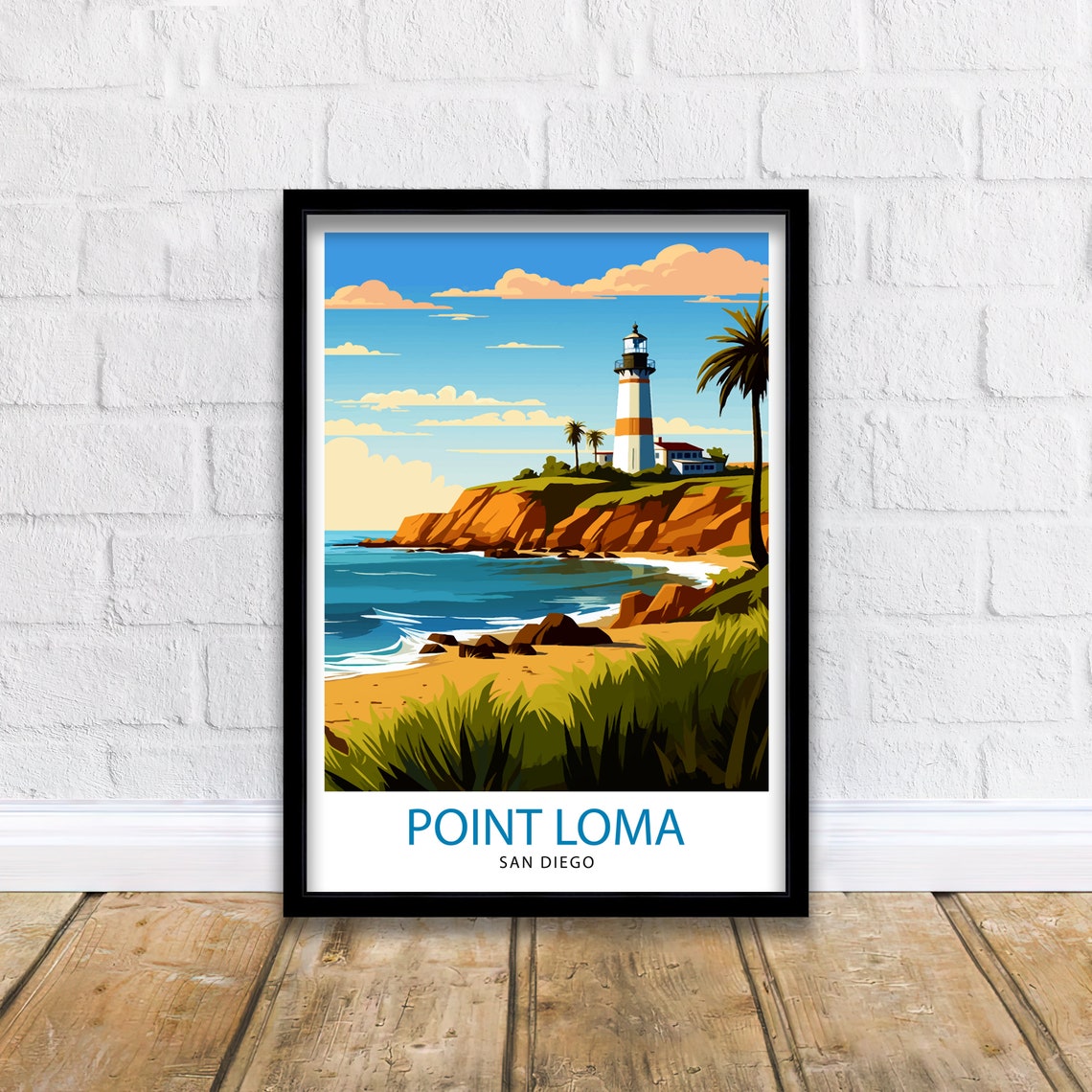Point Loma San Diego Lighthouse Cliffs Palm Trees Coastal Art Poster