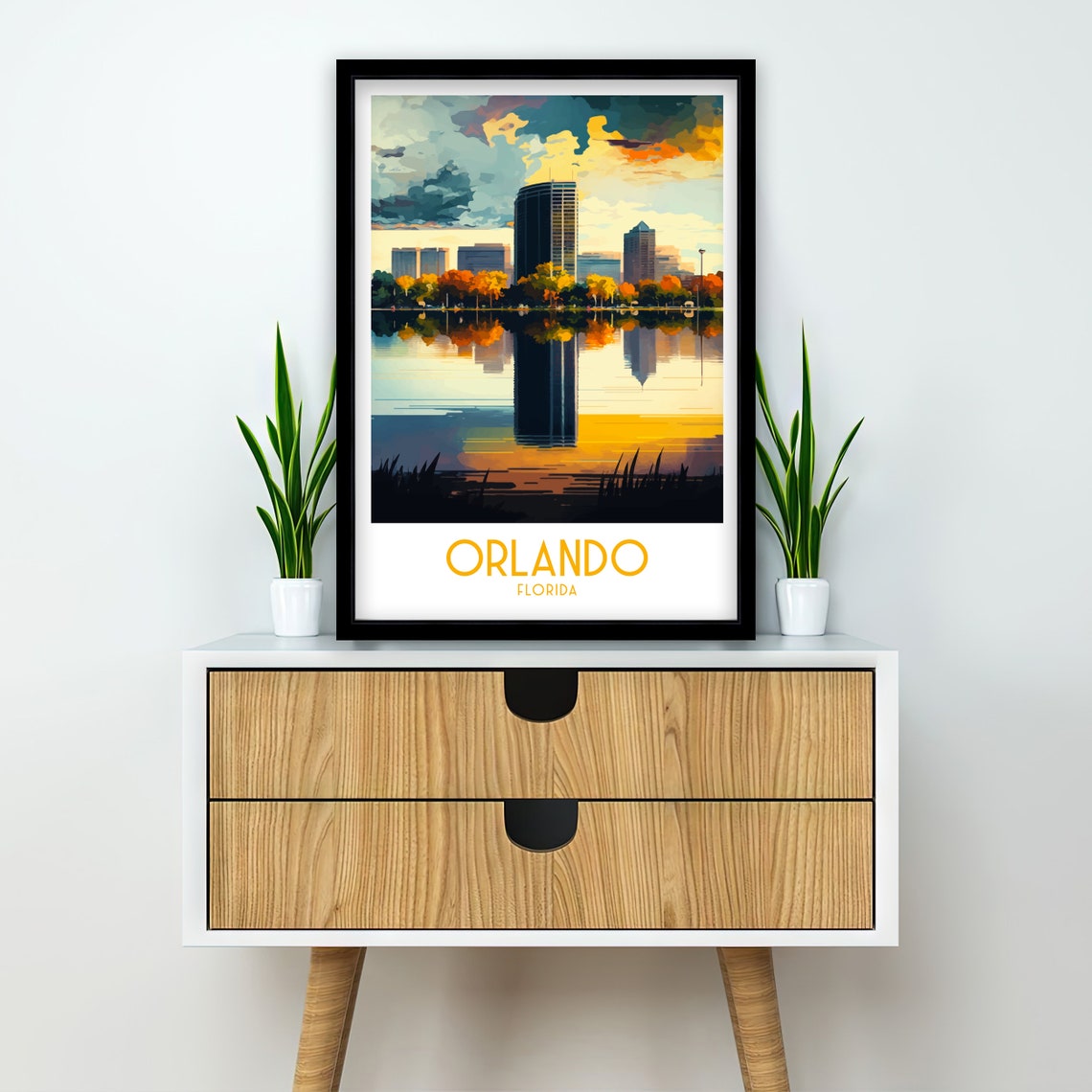 Orlando Florida Skyline Lake Reflection Sunset Art Travel Poster - Image 2