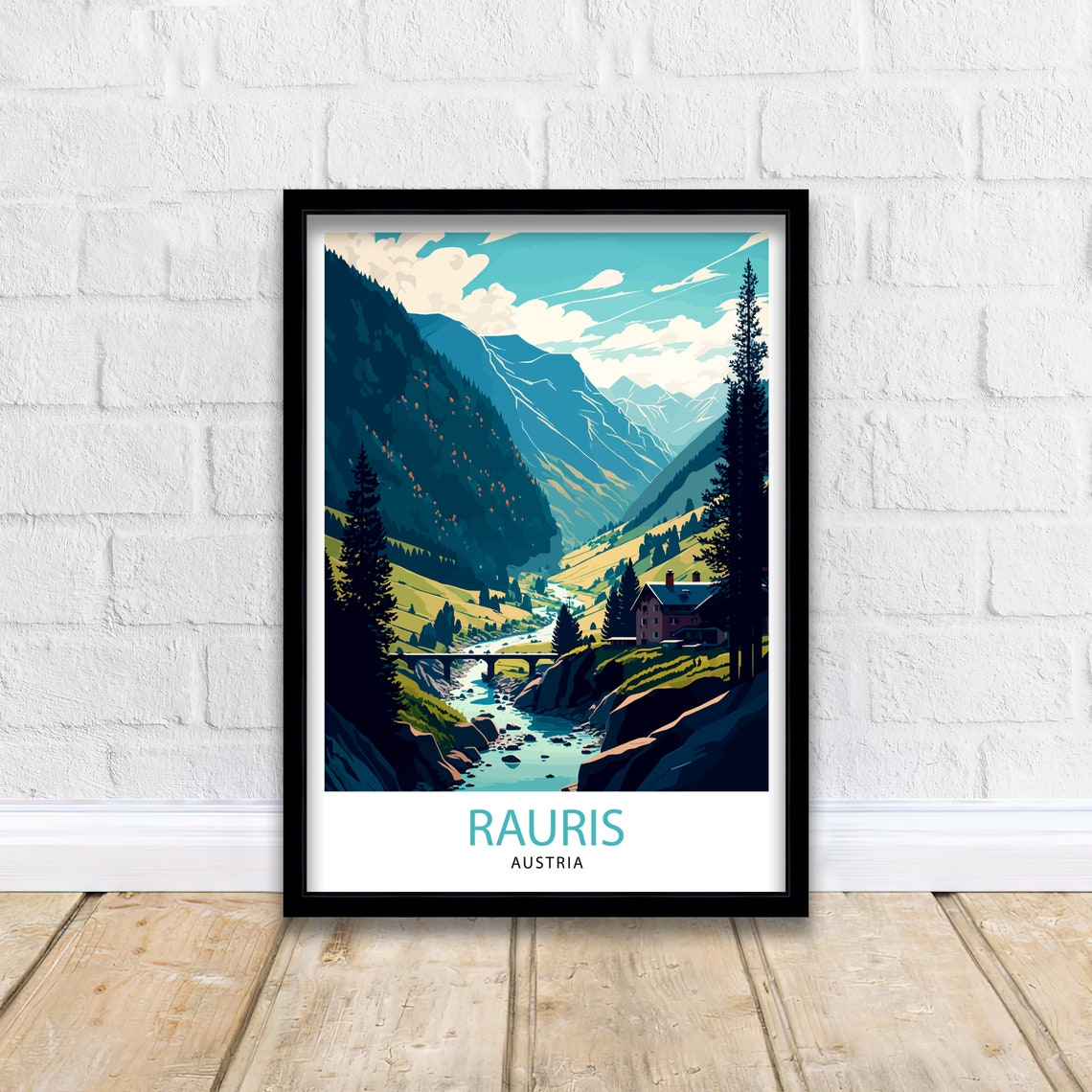 Rauris Austria Alpine Valley River Bridge Vintage Travel Poster - Image 3