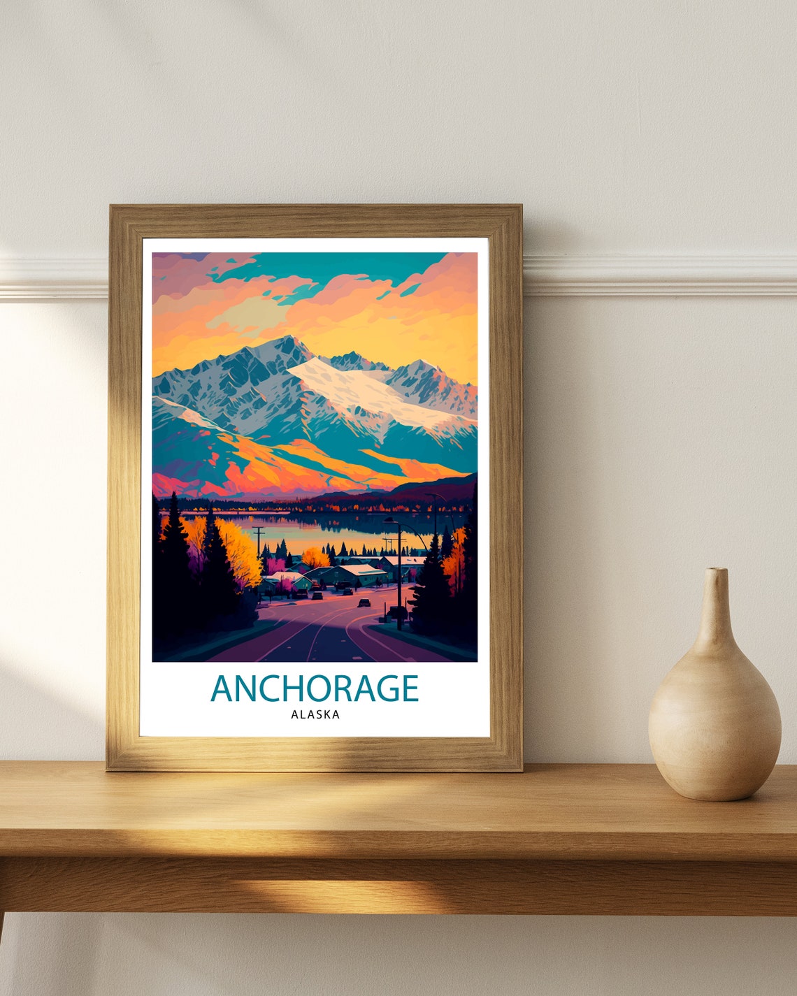 Anchorage Alaska Snowy Mountain Sunset Town Street Lights Poster - Image 2