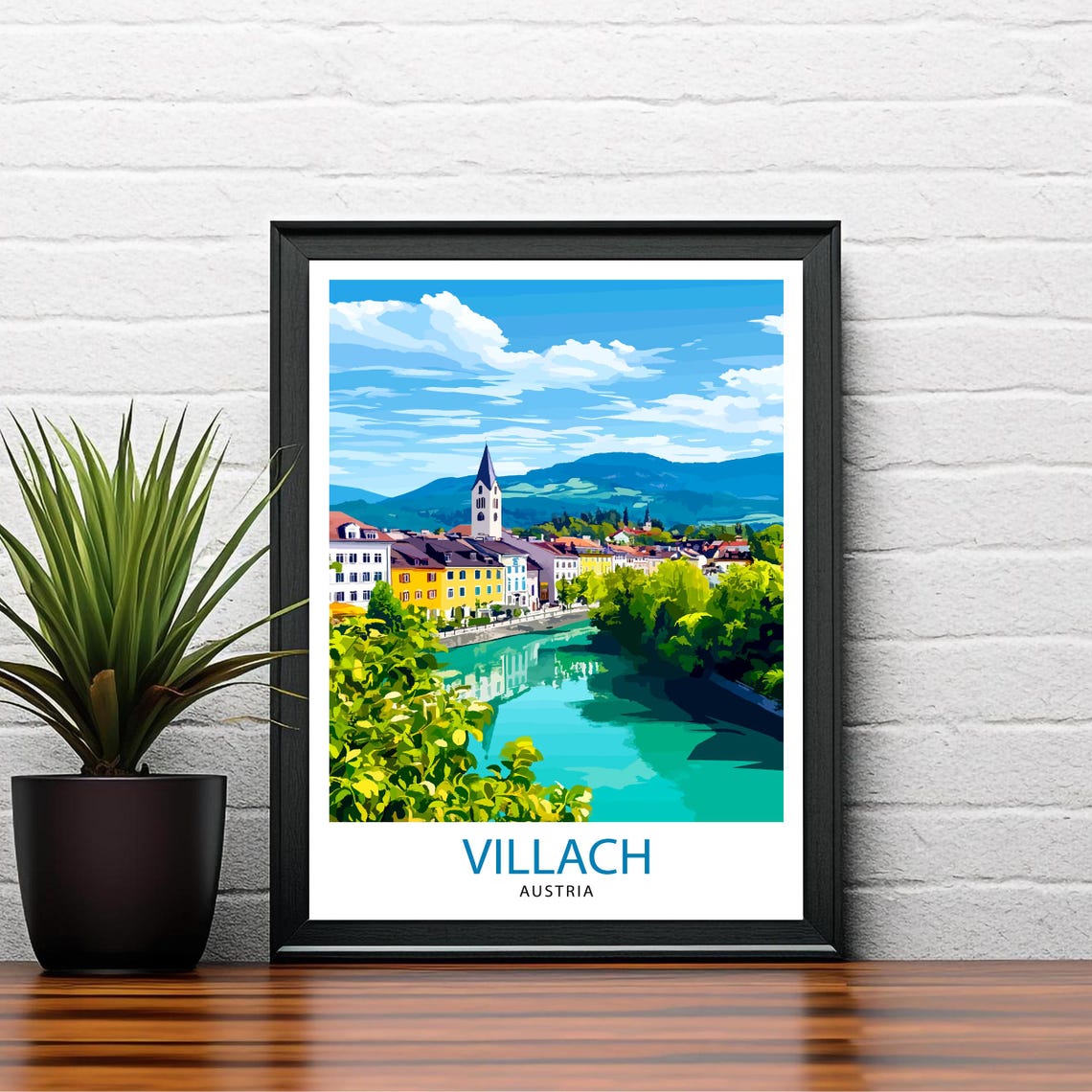 Villach Austria Riverside Town Church River Mountain View Poster - Image 2