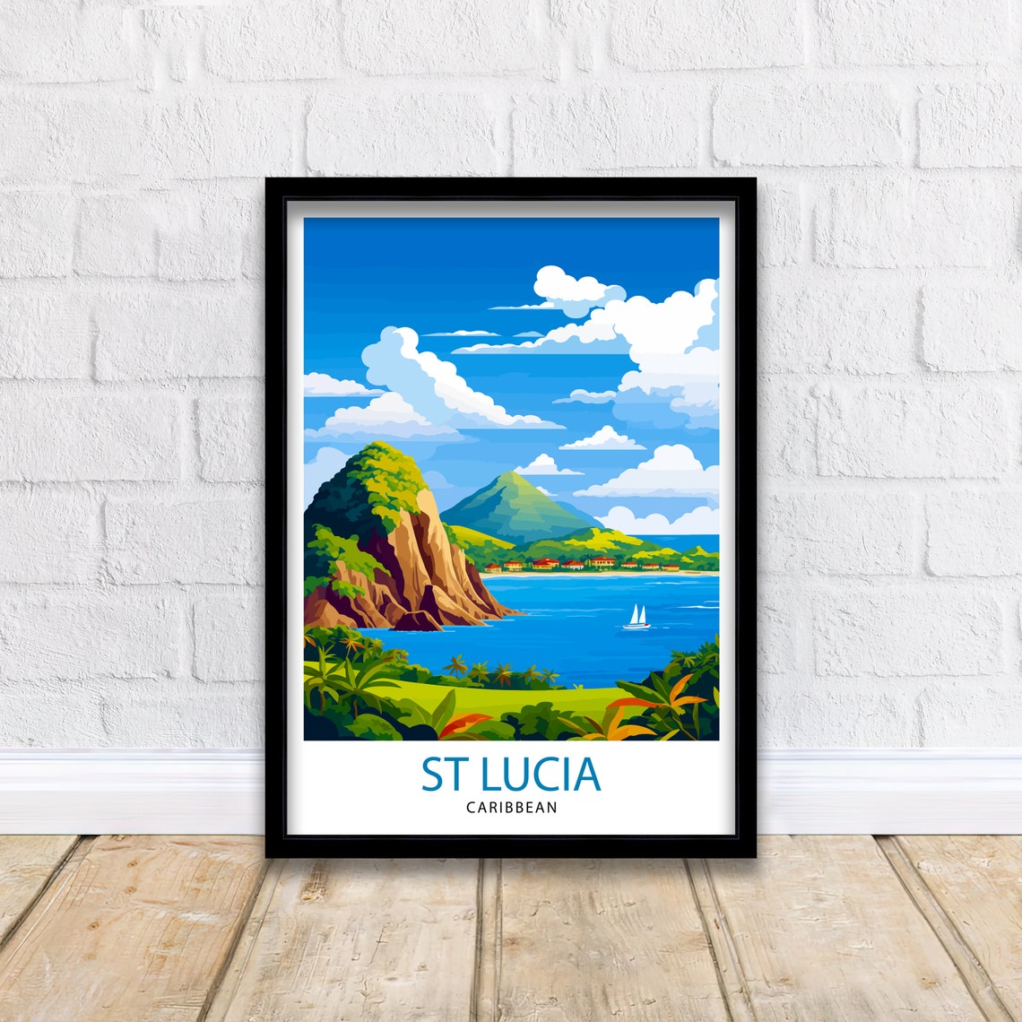 St Lucia Caribbean Tropical Twin Peaks Sailboat Bay Travel Poster - Image 2
