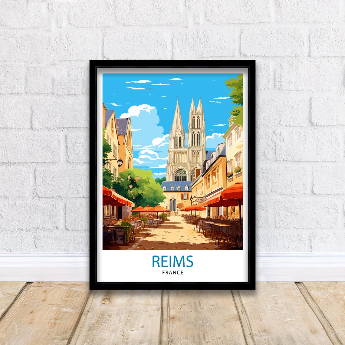 Reims France Cathedral Cafe Street Sunny Old Square Scene Poster - Image 2