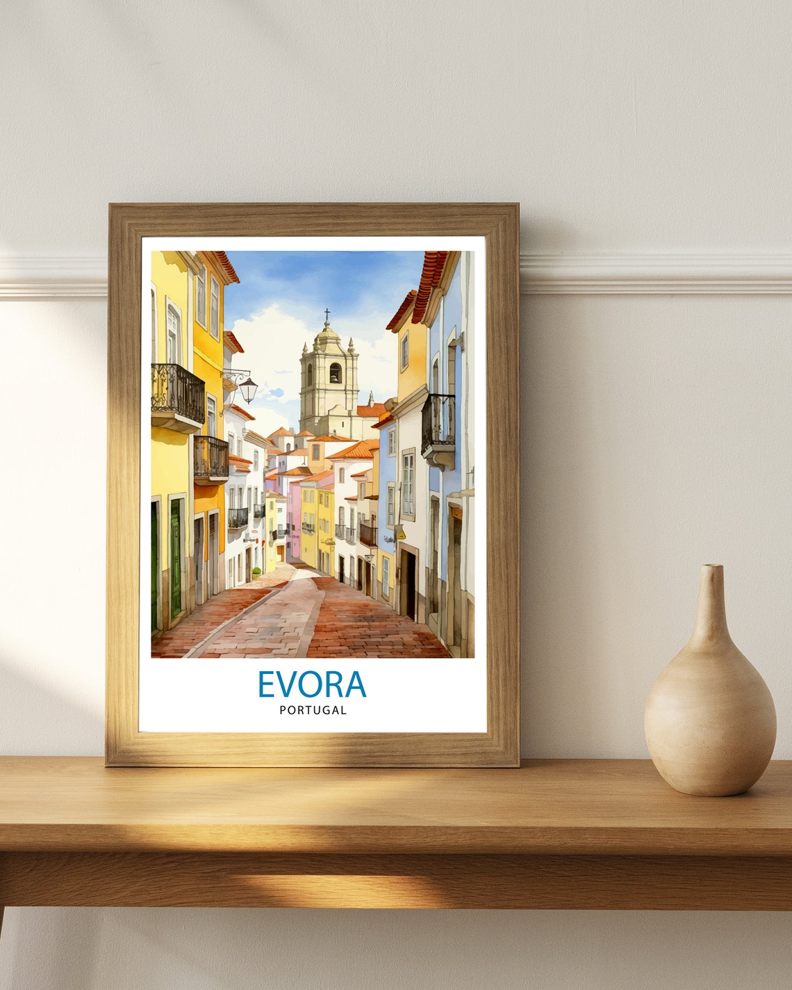 Evora Portugal Cobblestone Street Church Tower Watercolor Poster - Image 3