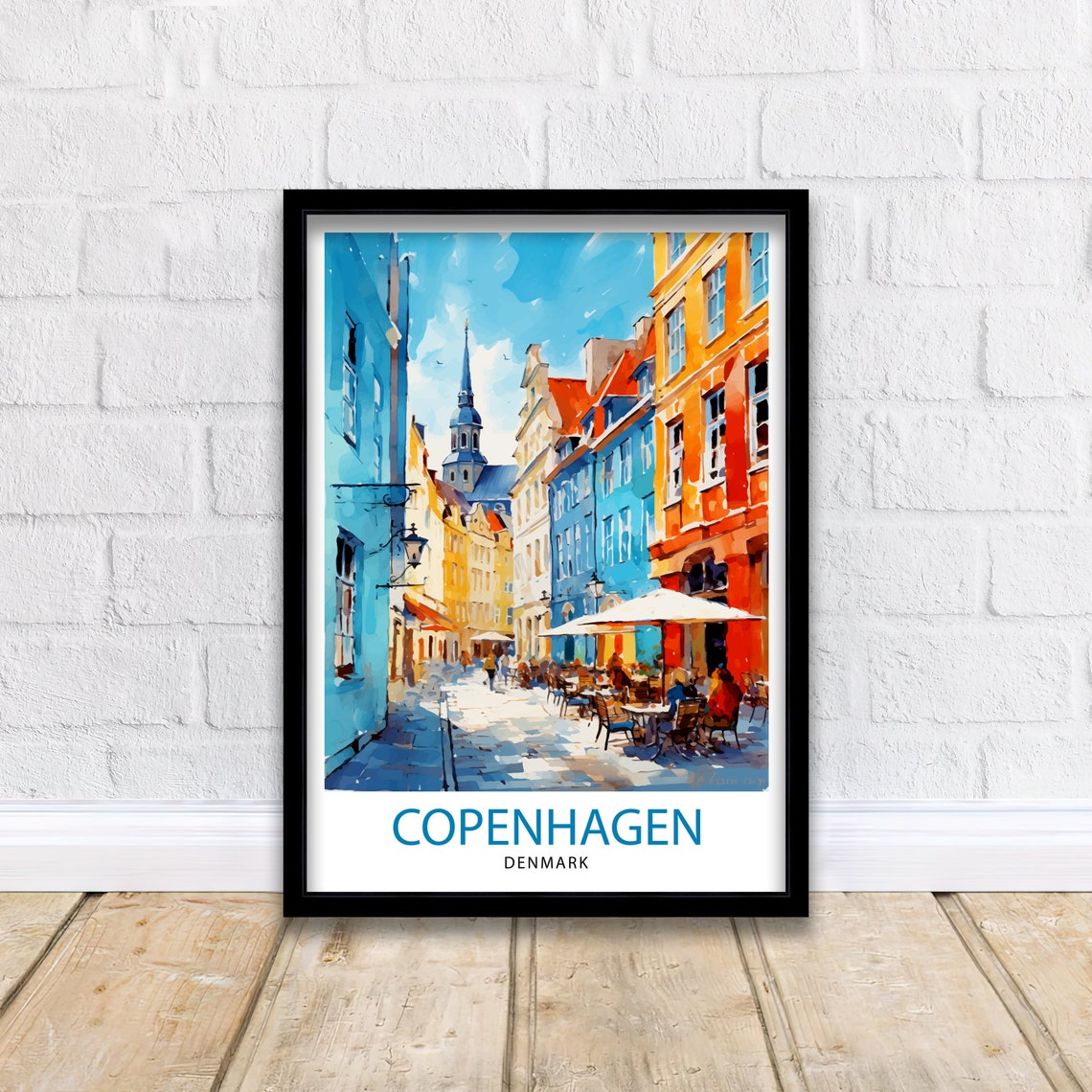 Copenhagen Denmark Colorful Street Cafes Watercolor Travel Poster - Image 2