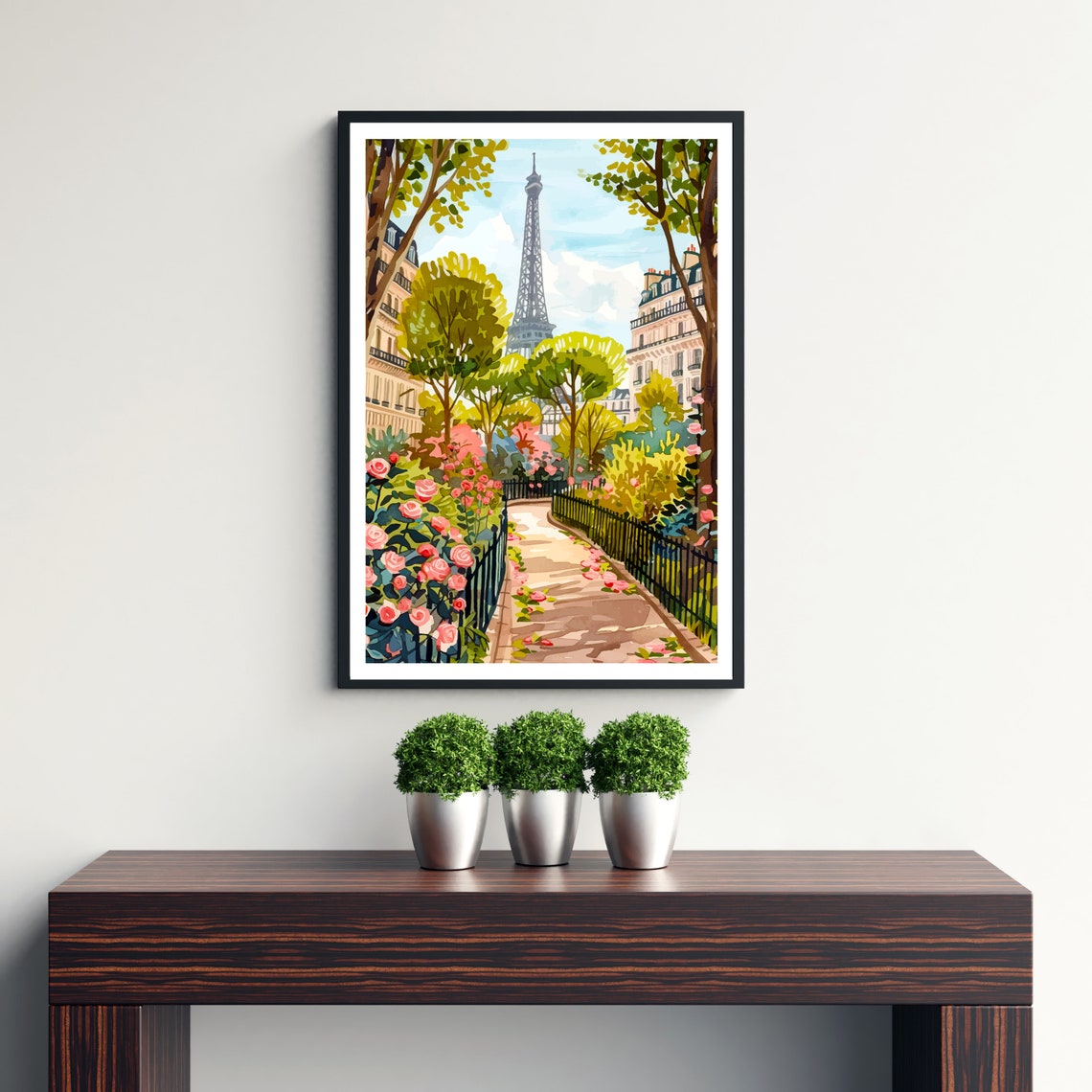 Paris France Travel Poster Eiffel Tower Rose Garden Path Art - Image 3